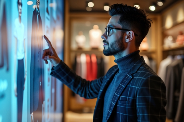 Uomo acquista abbigliamento attraverso pannello interattivo con supporto dell'intelligenza artificiale